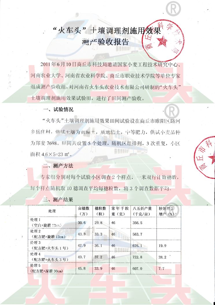 火车头土壤调理剂施用效果测产验收报告